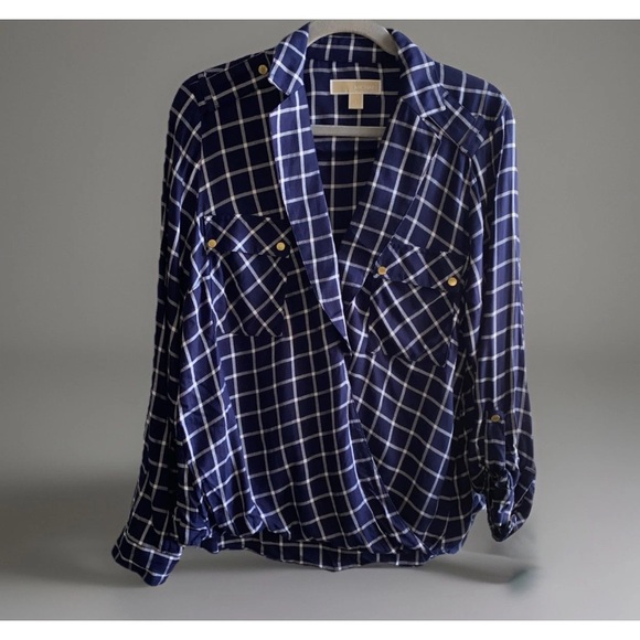 MICHAEL Michael Kors Other - MICHAEL  Michael Kors Plaid Blouse Women’s Large Navy White‎ Plaid Gold Buttons